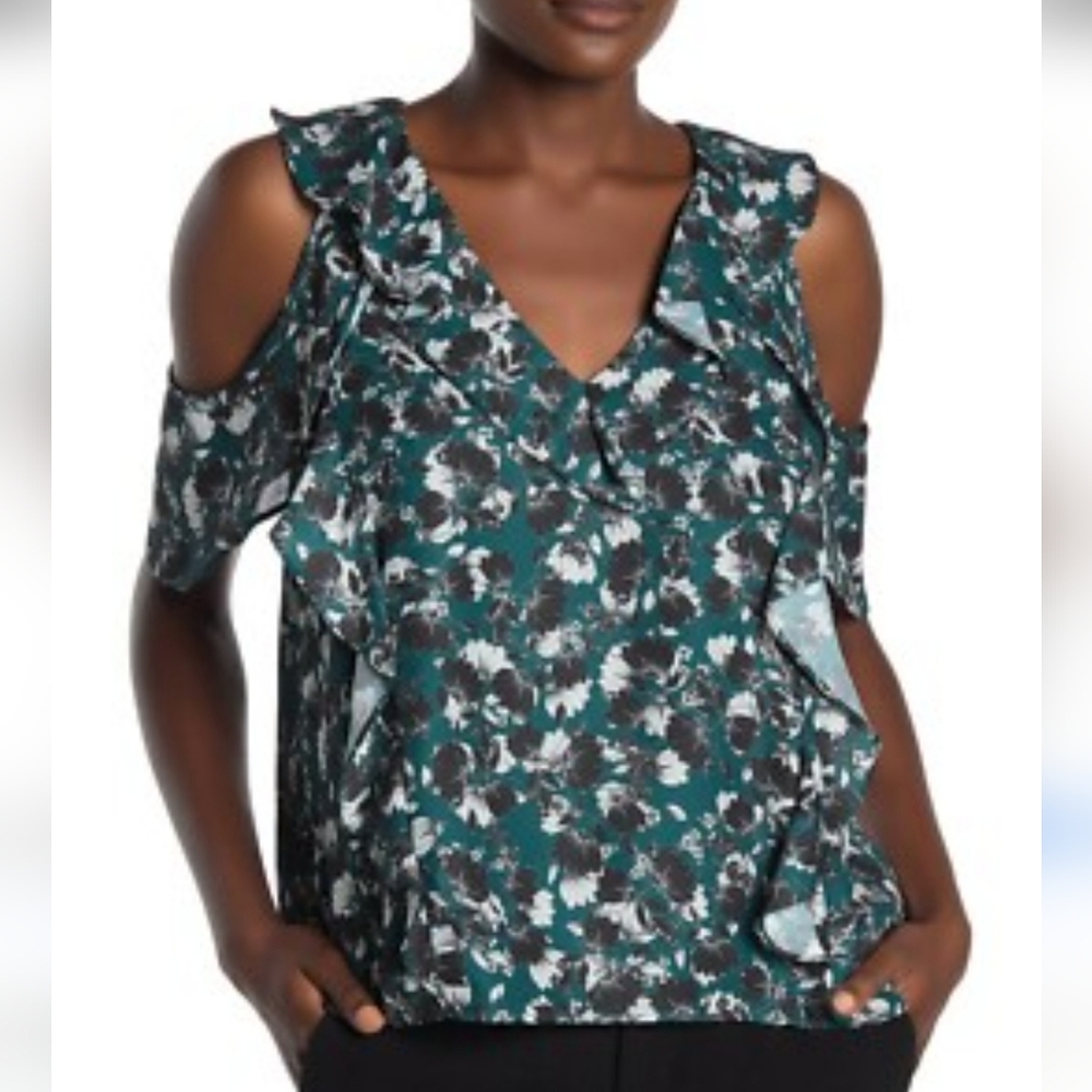 Parker Cold Shoulder Floral Top In Deep Green Floral Combo Size Large $228